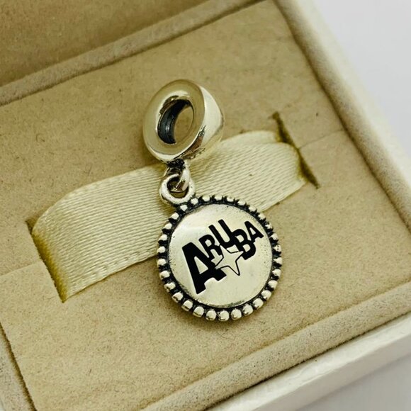 🧜🏾♀️🎀Pandora Aruba Charm Aruba Black Logo Dangle Pendant S925 Silver - Picture 2 of 4